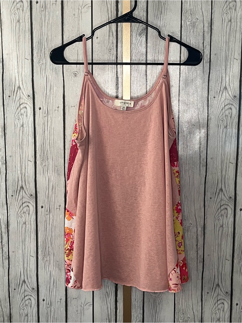 Umgee 2XL Pink Floral Patchwork Spaghetti Strap Tank Top Plus Size Boho Cami